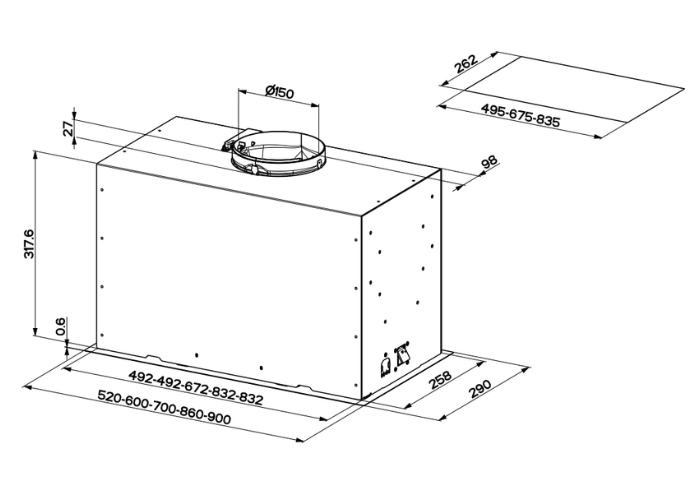 Exaustor de encastre de 52 cm, 1 motor